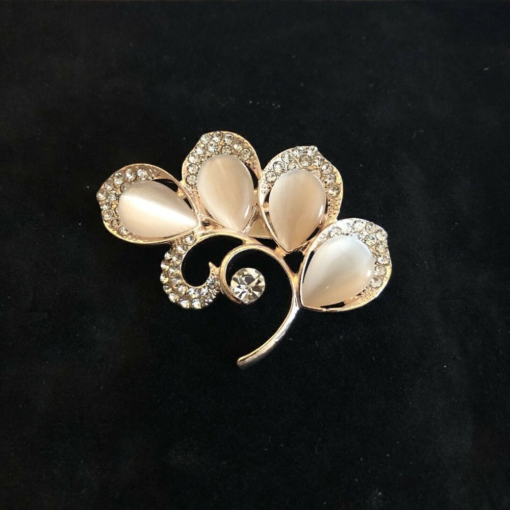 Vintage Style Brooch Antiqued Gold Tone Tulips Crystals Simulated Opal